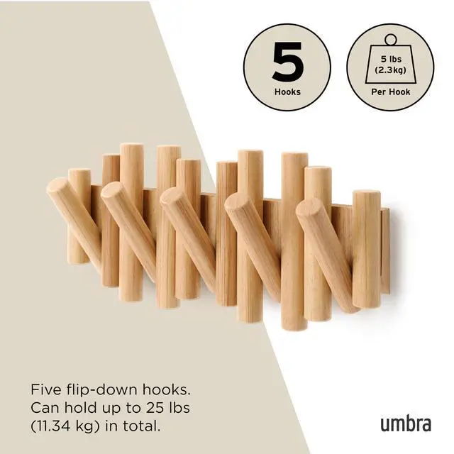 Alt view image 5 of 6 - Umbra Picket Coat Rack Wall Mount 5 Flip-Down Wood Coat Hooks, Modern & Functional Storage, Easy Install Wall Hooks, Natural