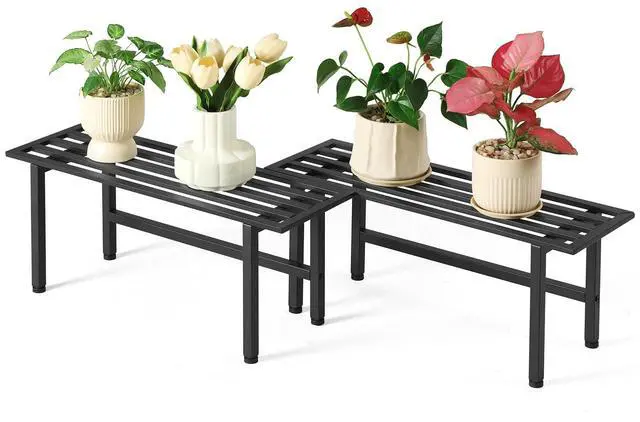 Main image of Dipion 2 Pack Metal Plant Stand Outdoor Plant Shelf Indoor,1 Tier Heavy Duty Plant Stands for Multiple Plants,26" L x 10.12" H x 8.75" W,Black