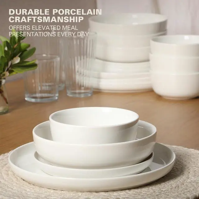 Alt view image 4 of 7 - Gibson Home Oslo Dinnerware Set for 4, 16-Piece White Porcelain Plates and Bowls Ceramic Dish Set | Microwave & Dishwasher Safe