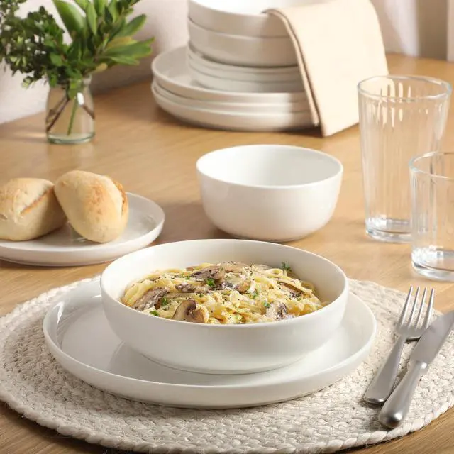 Alt view image 6 of 7 - Gibson Home Oslo Dinnerware Set for 4, 16-Piece White Porcelain Plates and Bowls Ceramic Dish Set | Microwave & Dishwasher Safe