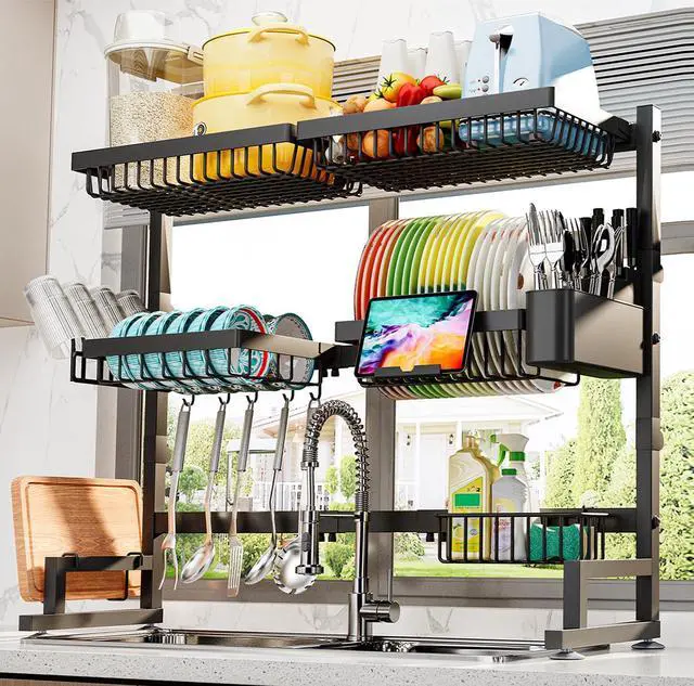 Main image of ADBIU Over The Sink Dish Drying Rack (Expandable Height and Length) Snap-On Design 2 Tier Large Dish Rack (27-40L x 12W x 32.5-37H (inches))