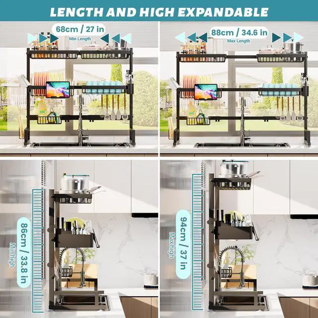 Alt view image 2 of 7 - ADBIU Over The Sink Dish Drying Rack (Expandable Height and Length) Snap-On Design 2 Tier Large Dish Rack (27-40L x 12W x 32.5-37H (inches))