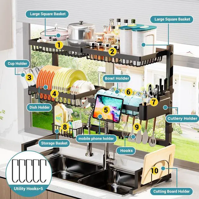 Alt view image 6 of 7 - ADBIU Over The Sink Dish Drying Rack (Expandable Height and Length) Snap-On Design 2 Tier Large Dish Rack (27-40L x 12W x 32.5-37H (inches))