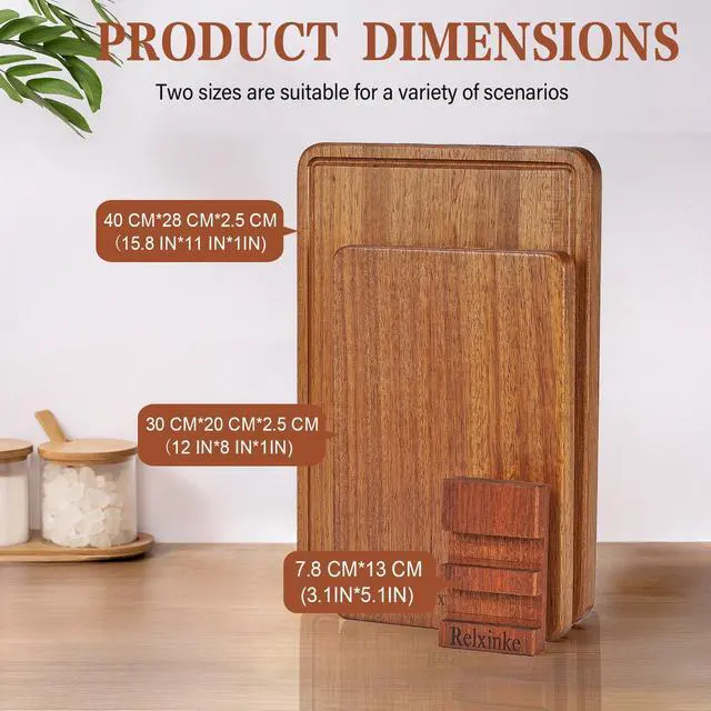 Alt view image 2 of 6 - Relxinke Solid Teak Wood Cutting Board Set One Piece Non Glued Large Thick Crack Resistant Wooden Chopping Board with DeepJuice Grooves Built in Handles for Kitchen Meat Vegetable 15.8x11 IN &12X8 IN