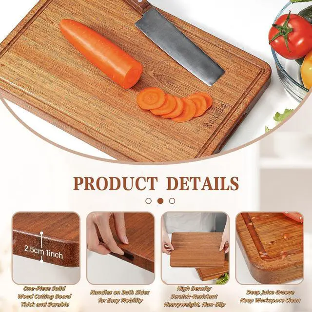 Alt view image 3 of 6 - Relxinke Solid Teak Wood Cutting Board Set One Piece Non Glued Large Thick Crack Resistant Wooden Chopping Board with DeepJuice Grooves Built in Handles for Kitchen Meat Vegetable 15.8x11 IN &12X8 IN