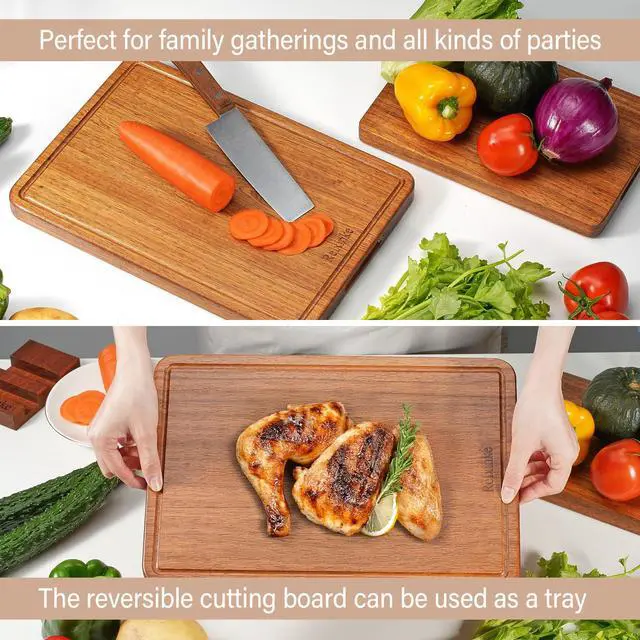 Alt view image 5 of 6 - Relxinke Solid Teak Wood Cutting Board Set One Piece Non Glued Large Thick Crack Resistant Wooden Chopping Board with DeepJuice Grooves Built in Handles for Kitchen Meat Vegetable 15.8x11 IN &12X8 IN