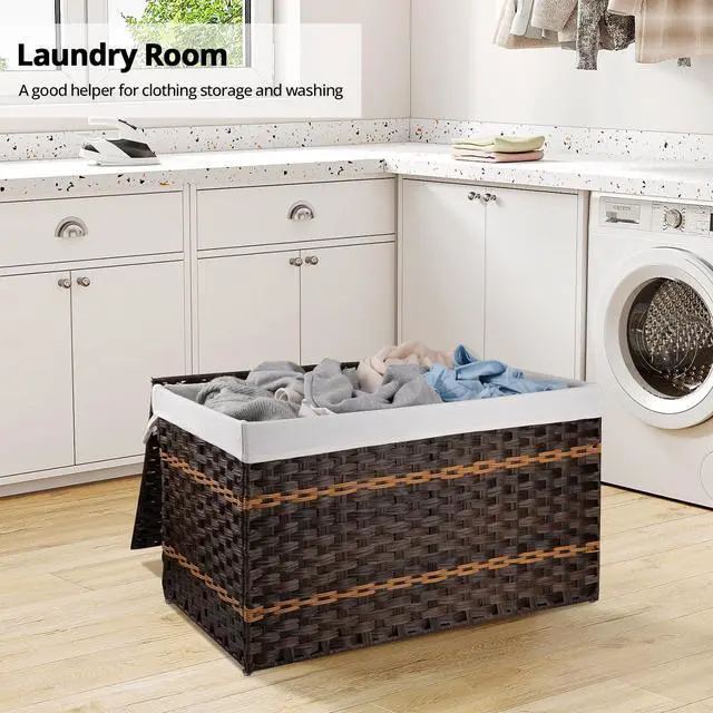 Alt view image 2 of 7 - OIAHOMY Storage Basket with Lid, 42.3 Gallon (160L) Blanket Basket with Removable Liner Bag, Synthetic Wicker Hamper with Handle, Hamper for Living Room, Brown