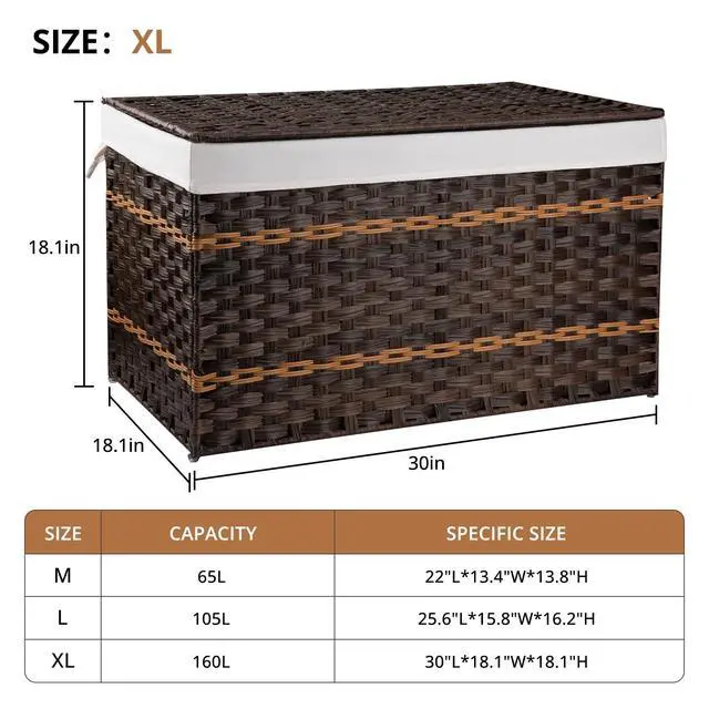 Alt view image 3 of 7 - OIAHOMY Storage Basket with Lid, 42.3 Gallon (160L) Blanket Basket with Removable Liner Bag, Synthetic Wicker Hamper with Handle, Hamper for Living Room, Brown
