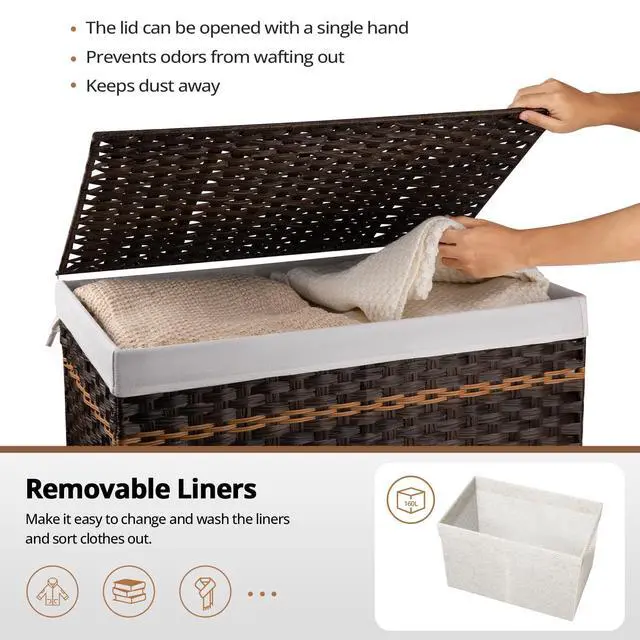 Alt view image 4 of 7 - OIAHOMY Storage Basket with Lid, 42.3 Gallon (160L) Blanket Basket with Removable Liner Bag, Synthetic Wicker Hamper with Handle, Hamper for Living Room, Brown