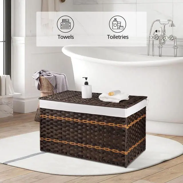 Alt view image 5 of 7 - OIAHOMY Storage Basket with Lid, 42.3 Gallon (160L) Blanket Basket with Removable Liner Bag, Synthetic Wicker Hamper with Handle, Hamper for Living Room, Brown