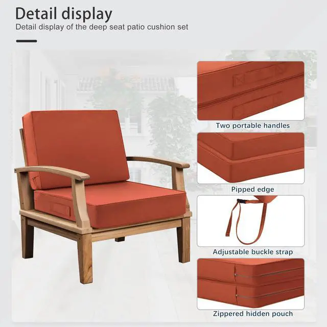 Alt view image 5 of 7 - Favoyard Deep Seat Patio Cushion Set 24 x 24 Inch Waterproof Outdoor Chair Cushions for Patio Furniture with Fade Resistant and Removable Cover with Handle & Adjustable Straps for Patio, Yard, Garden