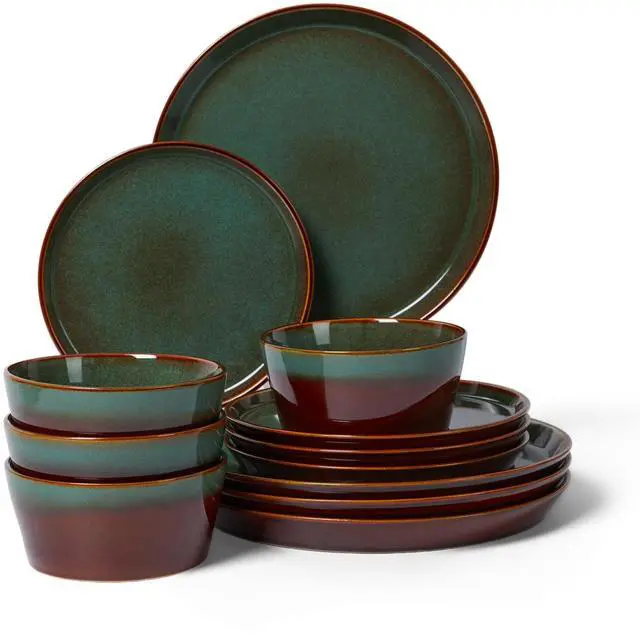 Main image of Pokini Plates and Bowls Sets for 4, Ceramic Dinnerware Sets, Kitchen Dish Set, Microwave & Dishwasher Safe Dishware, Highly Durable Hand Glazed Dinner Set, Brown Green