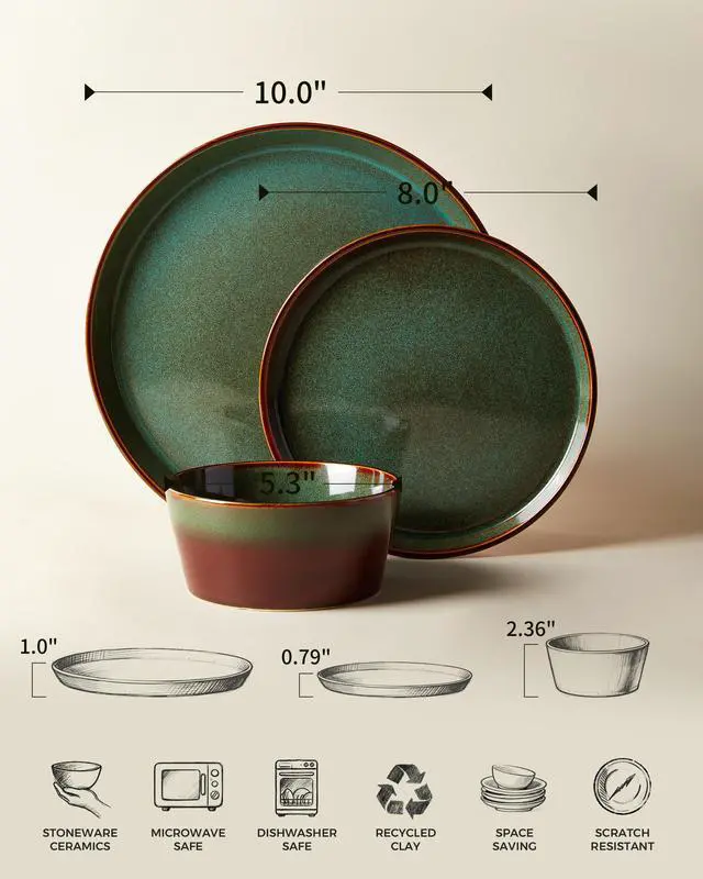 Alt view image 2 of 7 - Pokini Plates and Bowls Sets for 4, Ceramic Dinnerware Sets, Kitchen Dish Set, Microwave & Dishwasher Safe Dishware, Highly Durable Hand Glazed Dinner Set, Brown Green