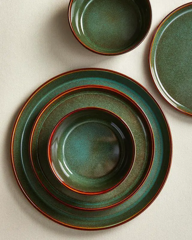 Alt view image 3 of 7 - Pokini Plates and Bowls Sets for 4, Ceramic Dinnerware Sets, Kitchen Dish Set, Microwave & Dishwasher Safe Dishware, Highly Durable Hand Glazed Dinner Set, Brown Green