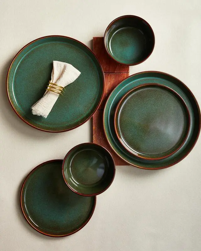 Alt view image 4 of 7 - Pokini Plates and Bowls Sets for 4, Ceramic Dinnerware Sets, Kitchen Dish Set, Microwave & Dishwasher Safe Dishware, Highly Durable Hand Glazed Dinner Set, Brown Green
