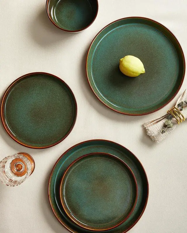 Alt view image 5 of 7 - Pokini Plates and Bowls Sets for 4, Ceramic Dinnerware Sets, Kitchen Dish Set, Microwave & Dishwasher Safe Dishware, Highly Durable Hand Glazed Dinner Set, Brown Green