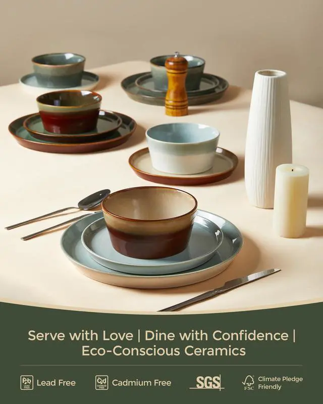 Alt view image 6 of 7 - Pokini Plates and Bowls Sets for 4, Ceramic Dinnerware Sets, Kitchen Dish Set, Microwave & Dishwasher Safe Dishware, Highly Durable Hand Glazed Dinner Set, Brown Green