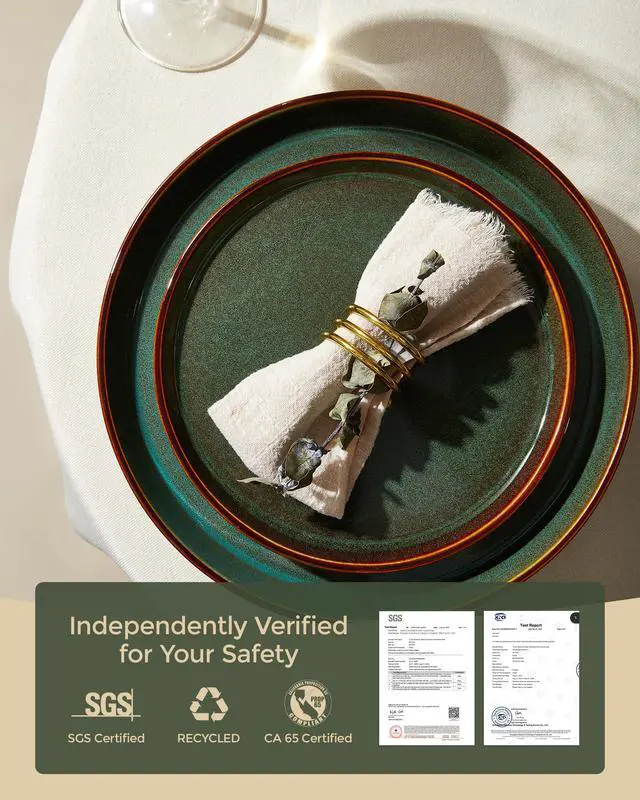 Alt view image 7 of 7 - Pokini Plates and Bowls Sets for 4, Ceramic Dinnerware Sets, Kitchen Dish Set, Microwave & Dishwasher Safe Dishware, Highly Durable Hand Glazed Dinner Set, Brown Green