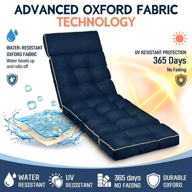 Alt view image 4 of 7 - MAGIC ELEPHANT Chaise Lounge Cushion Outdoor, Memory Foam Replacement Patio Pool Lounge Chair Cushion with Ties for Outdoor Furniture, 74 x 22 x 4 Inch (Oxford Blue)
