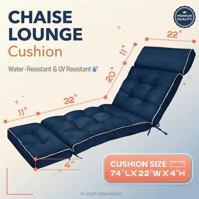 Alt view image 3 of 7 - MAGIC ELEPHANT Chaise Lounge Cushion Outdoor, Memory Foam Replacement Patio Pool Lounge Chair Cushion with Ties for Outdoor Furniture, 74 x 22 x 4 Inch (Oxford Blue)