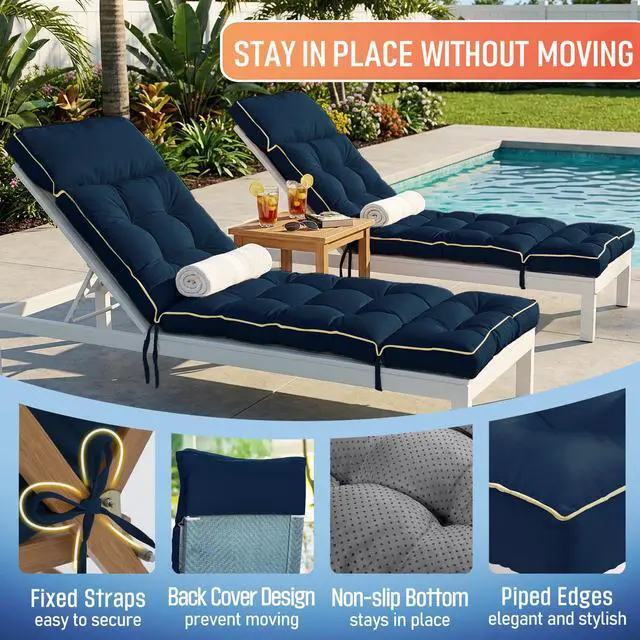 Alt view image 5 of 7 - MAGIC ELEPHANT Chaise Lounge Cushion Outdoor, Memory Foam Replacement Patio Pool Lounge Chair Cushion with Ties for Outdoor Furniture, 74 x 22 x 4 Inch (Oxford Blue)