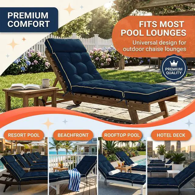 Alt view image 7 of 7 - MAGIC ELEPHANT Chaise Lounge Cushion Outdoor, Memory Foam Replacement Patio Pool Lounge Chair Cushion with Ties for Outdoor Furniture, 74 x 22 x 4 Inch (Oxford Blue)