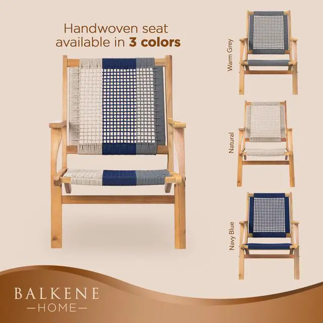 Alt view image 2 of 7 - Balkene Home 63634 Vega Natural Stain Outdoor Chair Acacia Wood Construction Woven Web Seat Mid Century Design Comfortable Reclining Armchair Patio Lawn Garden Backyard Deck - Navy Blue Cording
