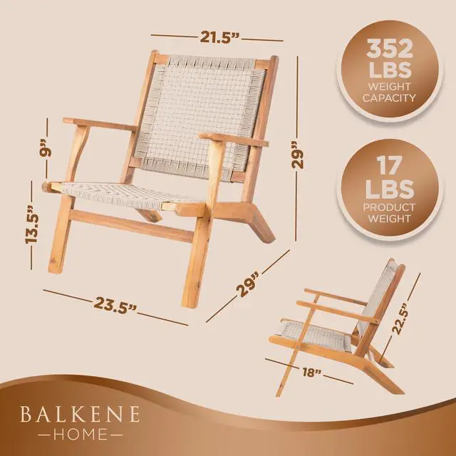 Alt view image 4 of 7 - Balkene Home 63634 Vega Natural Stain Outdoor Chair Acacia Wood Construction Woven Web Seat Mid Century Design Comfortable Reclining Armchair Patio Lawn Garden Backyard Deck - Navy Blue Cording