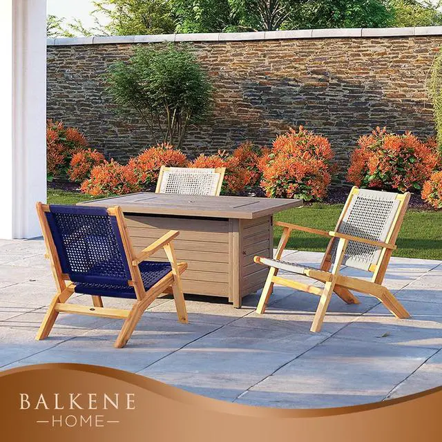 Alt view image 6 of 7 - Balkene Home 63634 Vega Natural Stain Outdoor Chair Acacia Wood Construction Woven Web Seat Mid Century Design Comfortable Reclining Armchair Patio Lawn Garden Backyard Deck - Navy Blue Cording