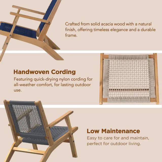 Alt view image 3 of 7 - Balkene Home 63634 Vega Natural Stain Outdoor Chair Acacia Wood Construction Woven Web Seat Mid Century Design Comfortable Reclining Armchair Patio Lawn Garden Backyard Deck - Navy Blue Cording