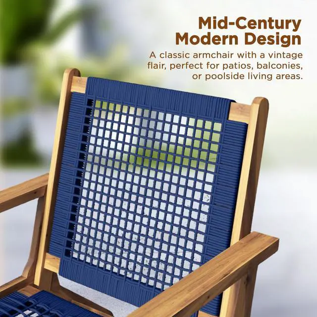 Alt view image 5 of 7 - Balkene Home 63634 Vega Natural Stain Outdoor Chair Acacia Wood Construction Woven Web Seat Mid Century Design Comfortable Reclining Armchair Patio Lawn Garden Backyard Deck - Navy Blue Cording