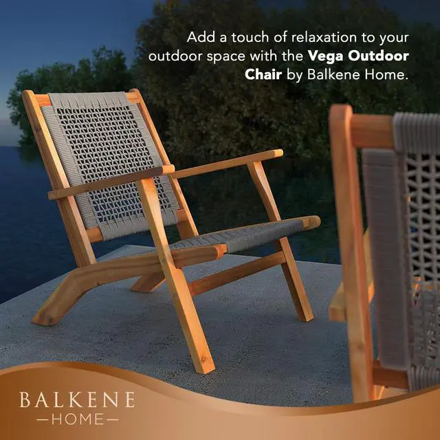 Alt view image 7 of 7 - Balkene Home 63634 Vega Natural Stain Outdoor Chair Acacia Wood Construction Woven Web Seat Mid Century Design Comfortable Reclining Armchair Patio Lawn Garden Backyard Deck - Navy Blue Cording