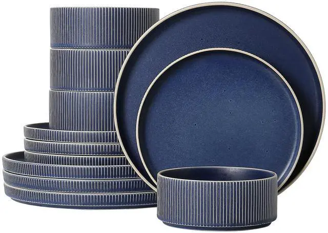 Main image of ALOFMO Dinnerware Set Service for 4, 12-Piece Ceramic Plates and Bowls Set, Chip & Scratch Resistant, Microwave and Dishwasher Safe, Modern Minimalist Tableware for Everyday Use, Matte Blue