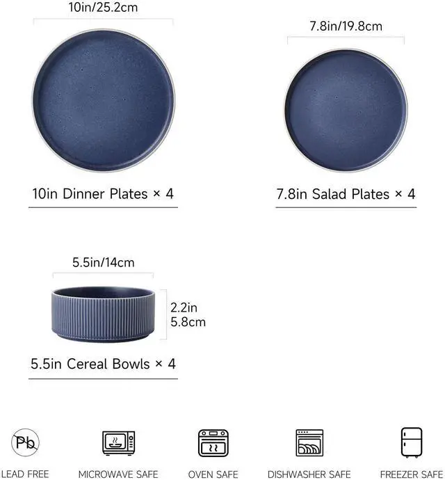 Alt view image 2 of 7 - ALOFMO Dinnerware Set Service for 4, 12-Piece Ceramic Plates and Bowls Set, Chip & Scratch Resistant, Microwave and Dishwasher Safe, Modern Minimalist Tableware for Everyday Use, Matte Blue