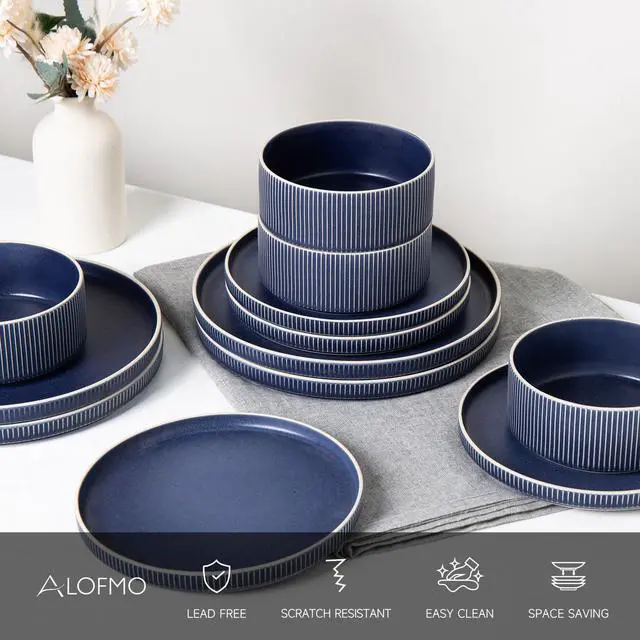 Alt view image 3 of 7 - ALOFMO Dinnerware Set Service for 4, 12-Piece Ceramic Plates and Bowls Set, Chip & Scratch Resistant, Microwave and Dishwasher Safe, Modern Minimalist Tableware for Everyday Use, Matte Blue