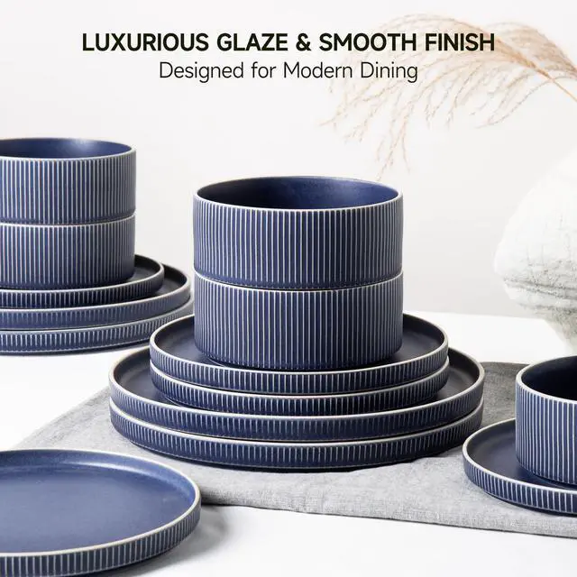 Alt view image 4 of 7 - ALOFMO Dinnerware Set Service for 4, 12-Piece Ceramic Plates and Bowls Set, Chip & Scratch Resistant, Microwave and Dishwasher Safe, Modern Minimalist Tableware for Everyday Use, Matte Blue