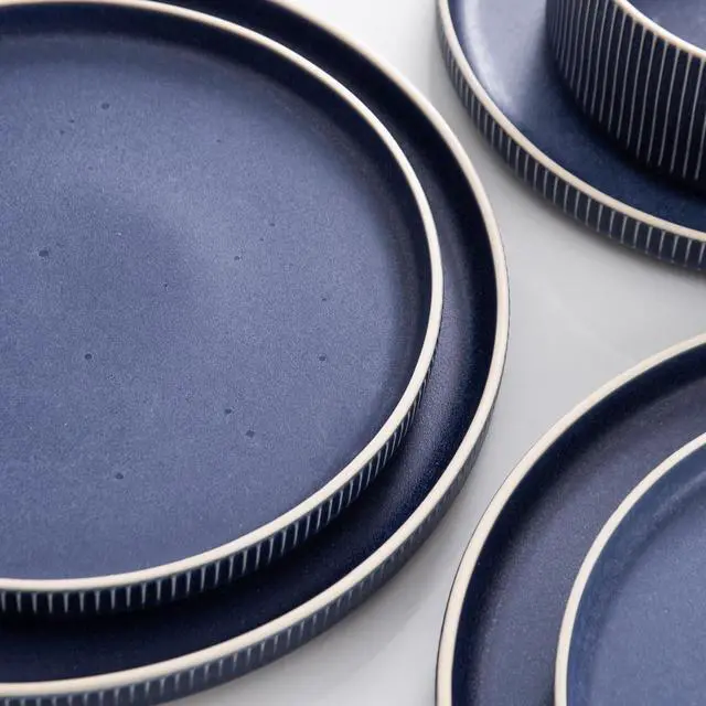 Alt view image 5 of 7 - ALOFMO Dinnerware Set Service for 4, 12-Piece Ceramic Plates and Bowls Set, Chip & Scratch Resistant, Microwave and Dishwasher Safe, Modern Minimalist Tableware for Everyday Use, Matte Blue