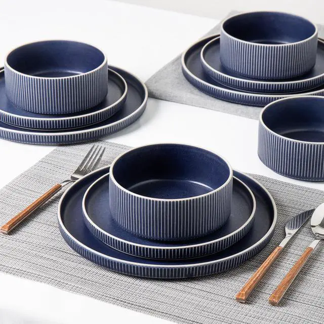 Alt view image 6 of 7 - ALOFMO Dinnerware Set Service for 4, 12-Piece Ceramic Plates and Bowls Set, Chip & Scratch Resistant, Microwave and Dishwasher Safe, Modern Minimalist Tableware for Everyday Use, Matte Blue