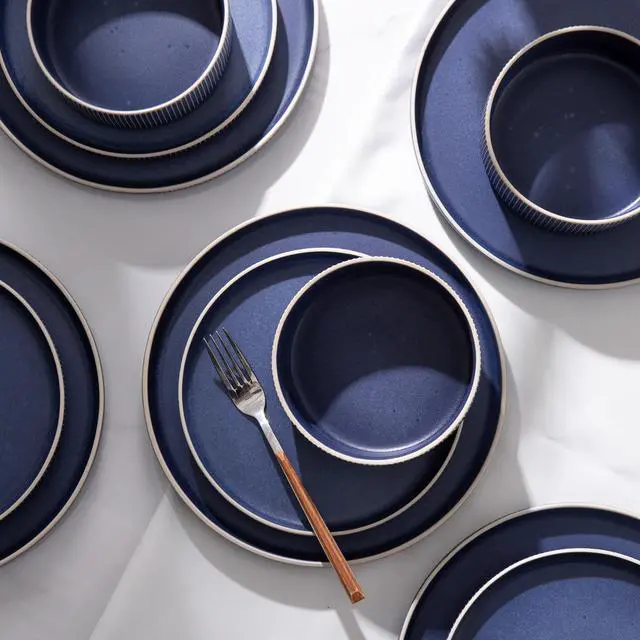 Alt view image 7 of 7 - ALOFMO Dinnerware Set Service for 4, 12-Piece Ceramic Plates and Bowls Set, Chip & Scratch Resistant, Microwave and Dishwasher Safe, Modern Minimalist Tableware for Everyday Use, Matte Blue