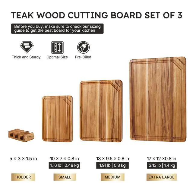 Alt view image 2 of 7 - 3 Pack Teak Wood Cutting Board Set for Kitchen Charcuterie Board Serving Heavy Duty Non Toxic Slip Hardwood Over Sink Solid Thick Haus Wooden Chopping Board Large Big Small Meat Best Essential Gift