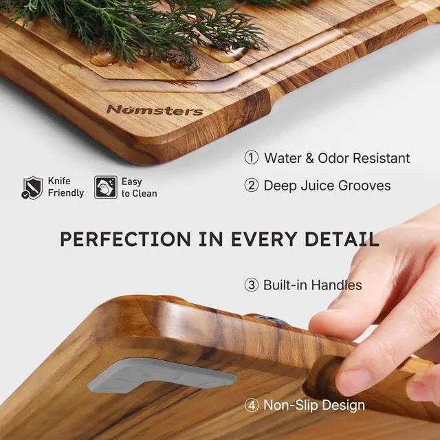 Alt view image 6 of 7 - 3 Pack Teak Wood Cutting Board Set for Kitchen Charcuterie Board Serving Heavy Duty Non Toxic Slip Hardwood Over Sink Solid Thick Haus Wooden Chopping Board Large Big Small Meat Best Essential Gift