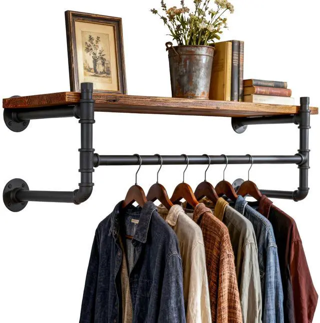 Main image of WEBI Wall Mounted Clothes Rack with Shelf,30" Industrial Pipe Clothing Rack with Shelf with Hanging Rod,Heavy Duty Iron Garment Rack Bar,Retail Display Clothes Rod for Laundry Room,Closet,Black