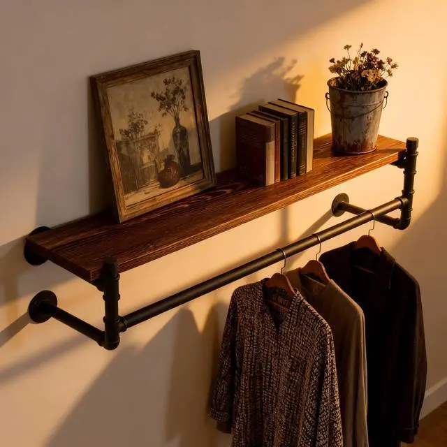 Alt view image 5 of 7 - WEBI Wall Mounted Clothes Rack with Shelf,30" Industrial Pipe Clothing Rack with Shelf with Hanging Rod,Heavy Duty Iron Garment Rack Bar,Retail Display Clothes Rod for Laundry Room,Closet,Black