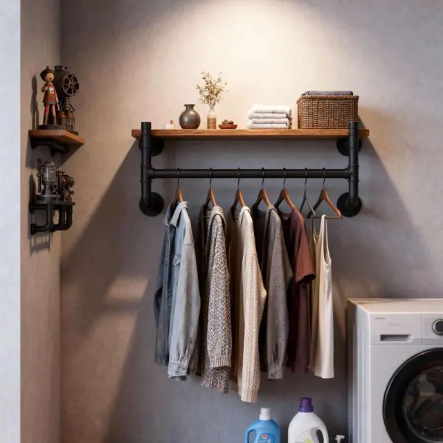 Alt view image 7 of 7 - WEBI Wall Mounted Clothes Rack with Shelf,30" Industrial Pipe Clothing Rack with Shelf with Hanging Rod,Heavy Duty Iron Garment Rack Bar,Retail Display Clothes Rod for Laundry Room,Closet,Black