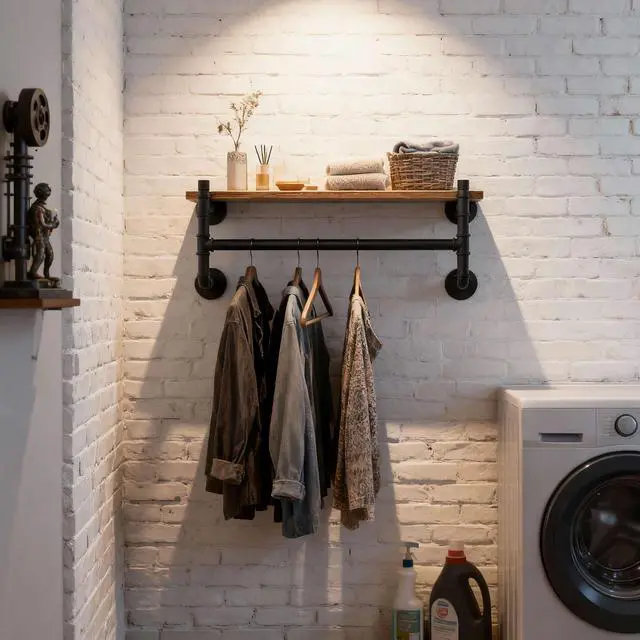 Alt view image 2 of 7 - WEBI Wall Mounted Clothes Rack with Shelf,30" Industrial Pipe Clothing Rack with Shelf with Hanging Rod,Heavy Duty Iron Garment Rack Bar,Retail Display Clothes Rod for Laundry Room,Closet,Black