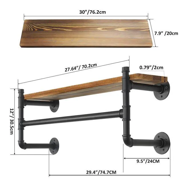 Alt view image 3 of 7 - WEBI Wall Mounted Clothes Rack with Shelf,30" Industrial Pipe Clothing Rack with Shelf with Hanging Rod,Heavy Duty Iron Garment Rack Bar,Retail Display Clothes Rod for Laundry Room,Closet,Black