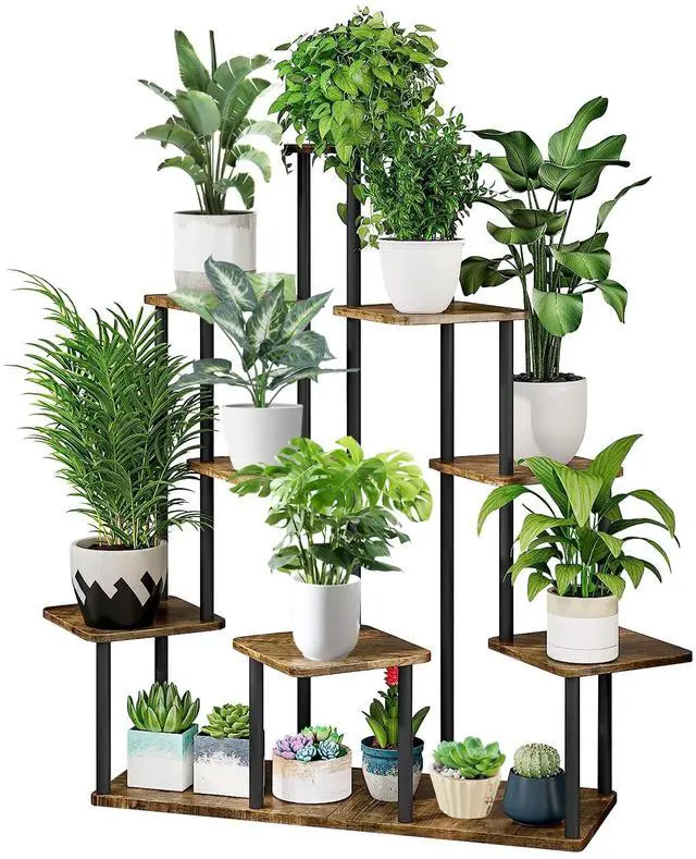 Main image of YOCOMEY 9 Tier Plant Stand Indoor, Thickened Metal Wood Corner Plant Shelf Stands for Multiple Plants, Indoor Tall Plants Stand Tiered Flower Holder for Living Room Patio Garden Balcony(Black+Brown)