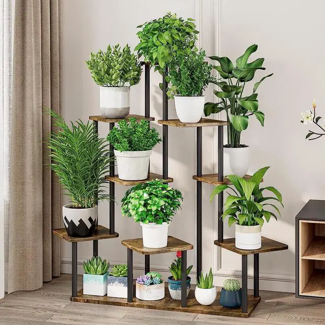 Alt view image 2 of 7 - YOCOMEY 9 Tier Plant Stand Indoor, Thickened Metal Wood Corner Plant Shelf Stands for Multiple Plants, Indoor Tall Plants Stand Tiered Flower Holder for Living Room Patio Garden Balcony(Black+Brown)