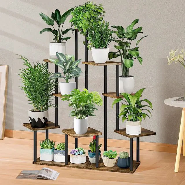 Alt view image 4 of 7 - YOCOMEY 9 Tier Plant Stand Indoor, Thickened Metal Wood Corner Plant Shelf Stands for Multiple Plants, Indoor Tall Plants Stand Tiered Flower Holder for Living Room Patio Garden Balcony(Black+Brown)
