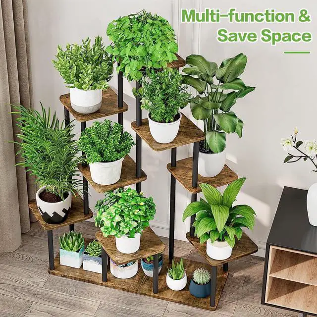 Alt view image 6 of 7 - YOCOMEY 9 Tier Plant Stand Indoor, Thickened Metal Wood Corner Plant Shelf Stands for Multiple Plants, Indoor Tall Plants Stand Tiered Flower Holder for Living Room Patio Garden Balcony(Black+Brown)